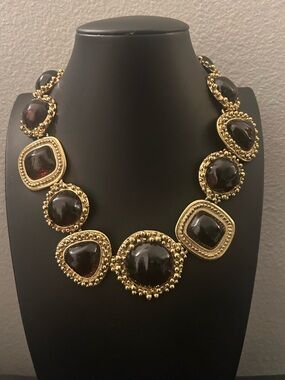 Gold-Tone Necklace with Dark Brown Cabochons - Women Jewelry